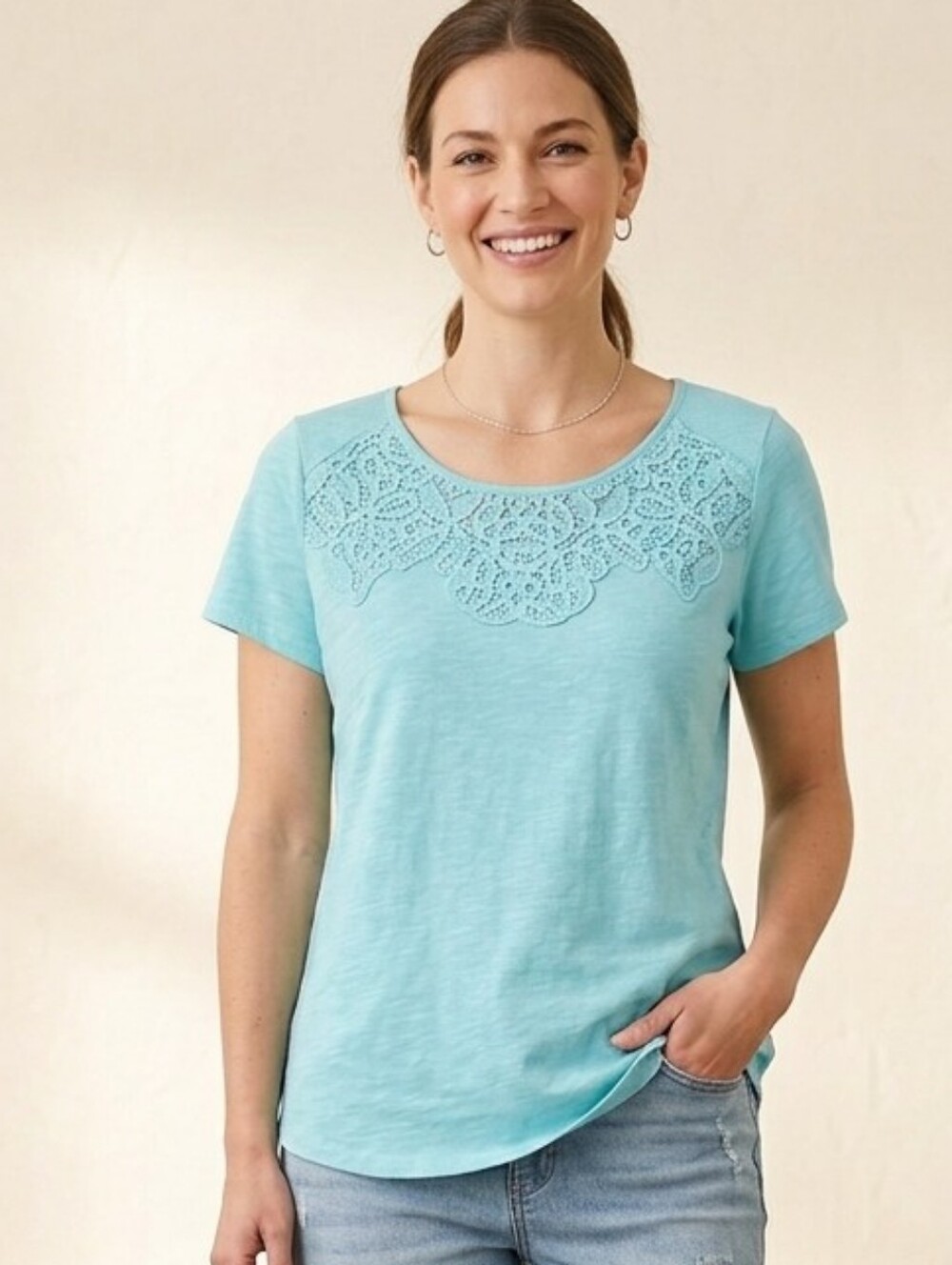 croft & barrow Aqua Lace Yoke Short Sleeve Tee